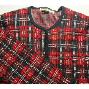 VTG Crystal Kobe XL Cardigan Red Black Plaid Gold Button Sweater Shoulder‎ Pads